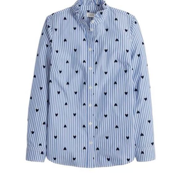 J Crew Heart, Striped, Button Down, Ruffled Neck, Blouse / Shirt, NWOT, Sz XS - Picture 1 of 12